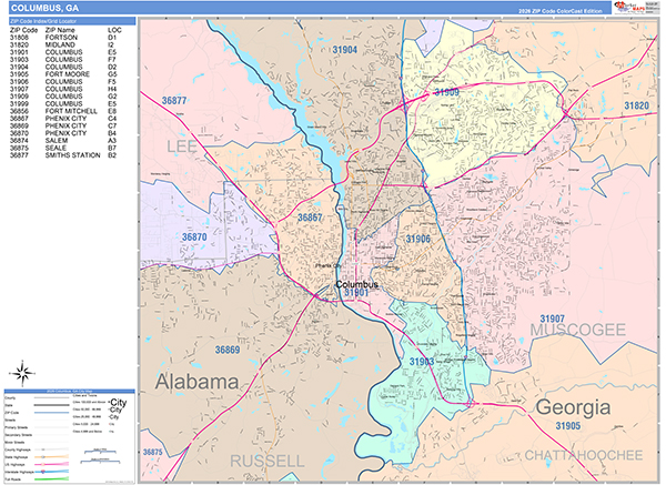Columbus City Wall Map Color Cast Style