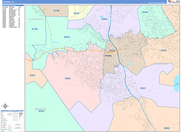 Corona, CA Zip Code Map
