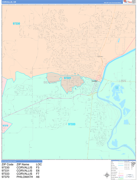 Corvallis, OR Zip Code Wall Map - Color Cast