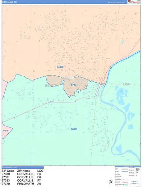 Corvallis City Wall Map Color Cast Style