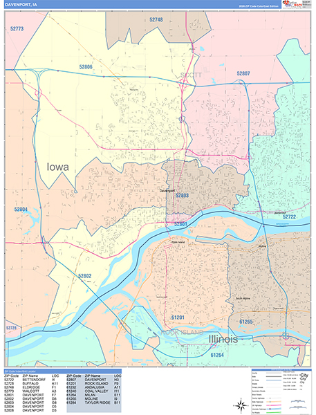 Davenport City Wall Map Color Cast Style