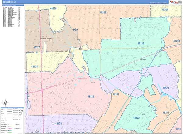 Dearborn City Wall Map Color Cast Style