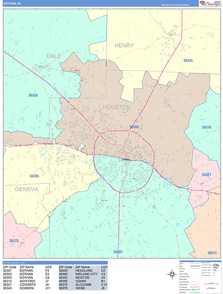 Dothan City Wall Map Color Cast Style