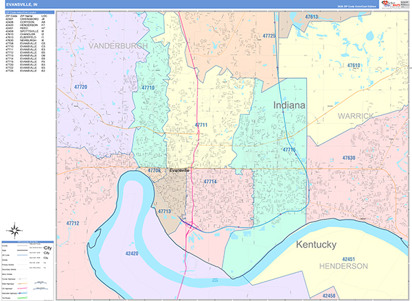Evansville City Wall Map Color Cast Style
