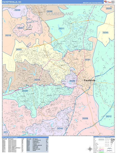 Fayetteville City Wall Map Color Cast Style