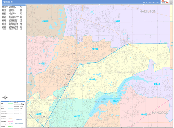 Fishers City Wall Map Color Cast Style