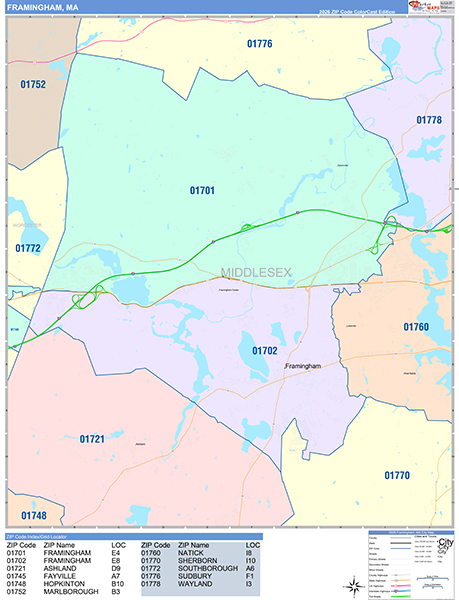 Framingham City Wall Map Color Cast Style