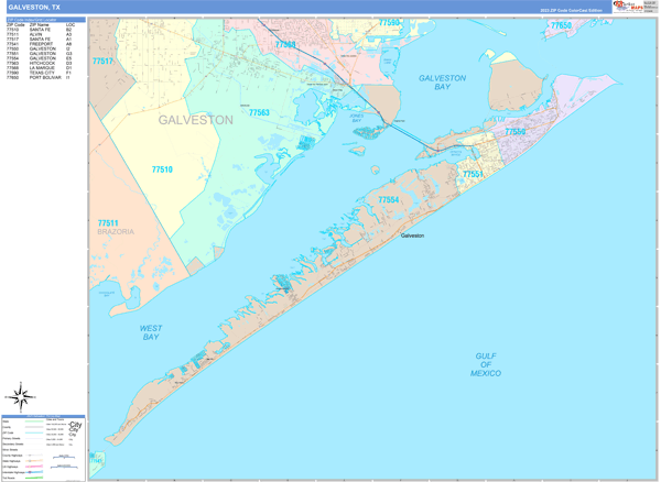 Galveston City Wall Map Color Cast Style