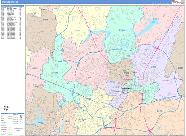 Greensboro City Wall Map Color Cast Style