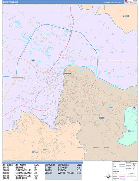 Greenville City Wall Map Color Cast Style