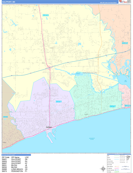 Gulfport City Wall Map Color Cast Style