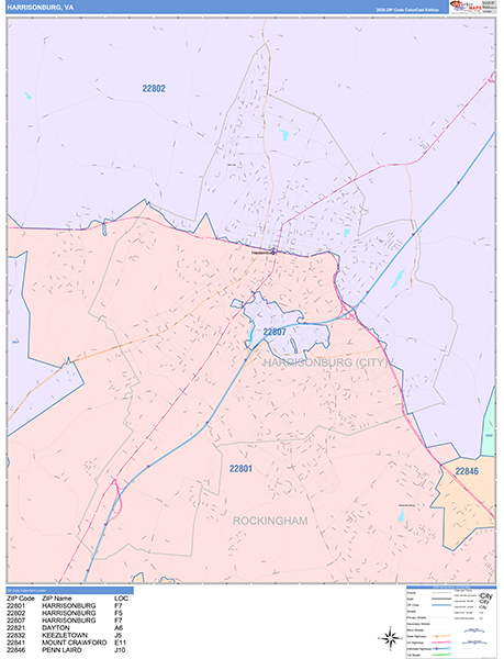 Harrisonburg Wall Map Color Cast Style