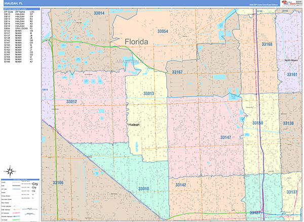 Hialeah City Wall Map Color Cast Style