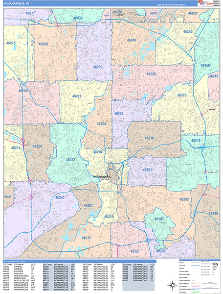 Indianapolis City Wall Map Color Cast Style