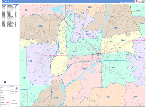 Joliet City Wall Map Color Cast Style