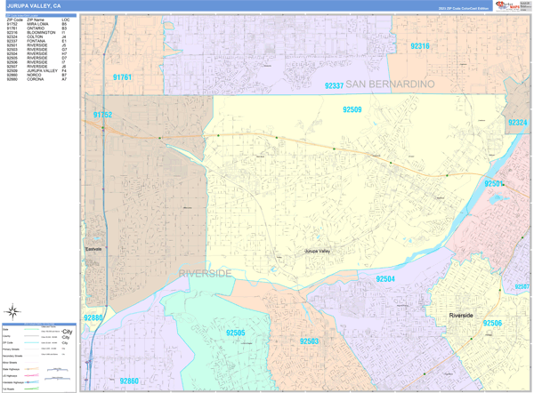 Jurupa Valley, CA Zip Code Map - Color Cast