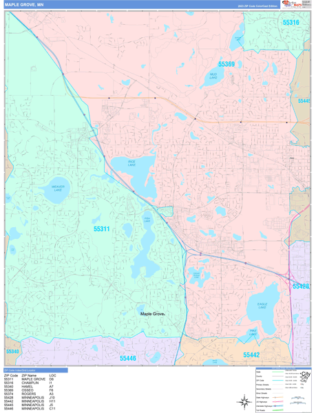 Maple Grove, MN Zip Code Wall Map - Color Cast