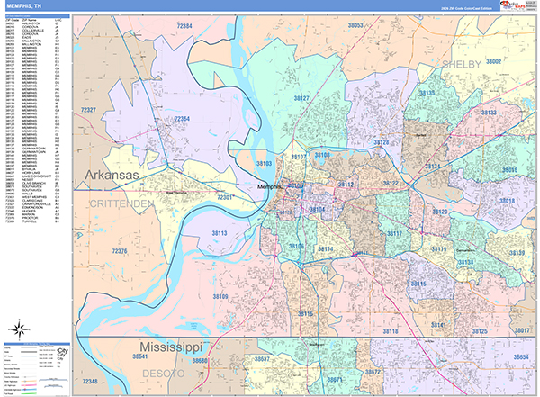 Memphis City Wall Map Color Cast Style