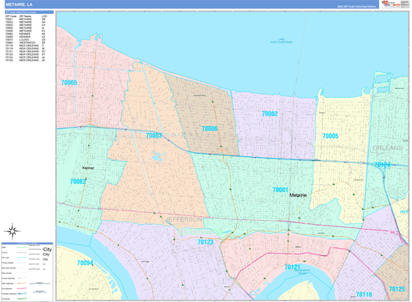 Metairie City Wall Map Color Cast Style