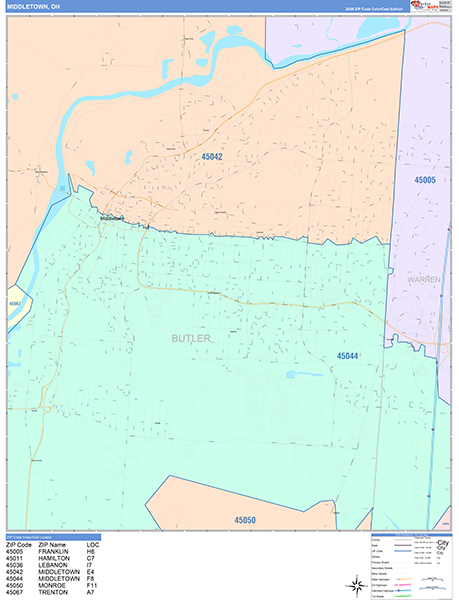 Middletown City Wall Map Color Cast Style