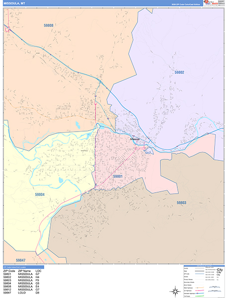 Missoula City Wall Map Color Cast Style