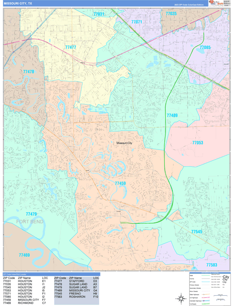 Missouri City Texas Wall Map (Color Cast Style) by MarketMAPS - MapSales