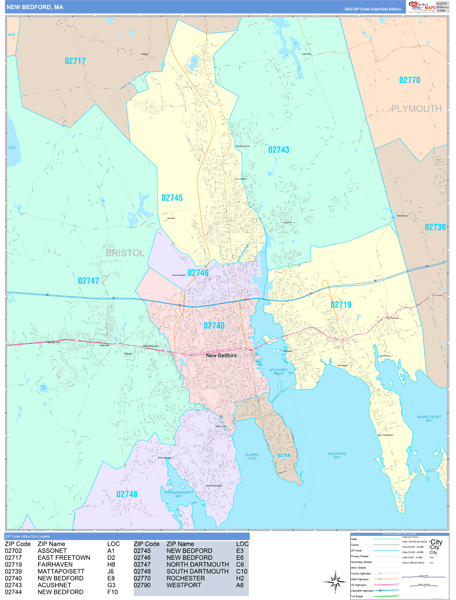 New Bedford Massachusetts 5 Digit Zip Code Maps - Red Line