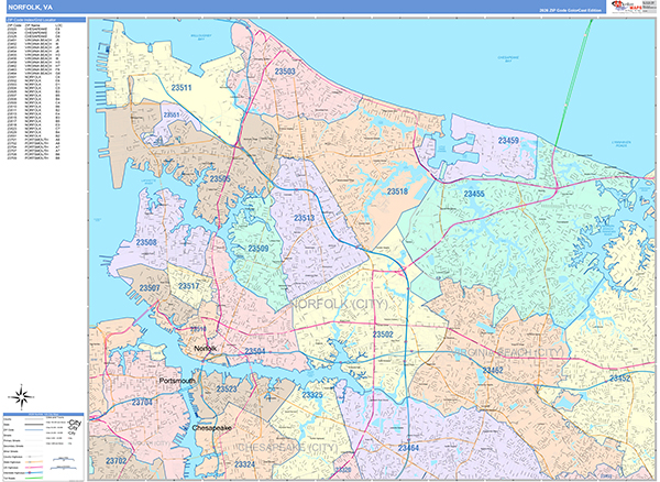 Norfolk Wall Map Color Cast Style