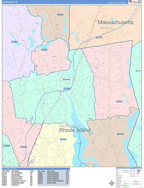 Pawtucket City Wall Map Color Cast Style