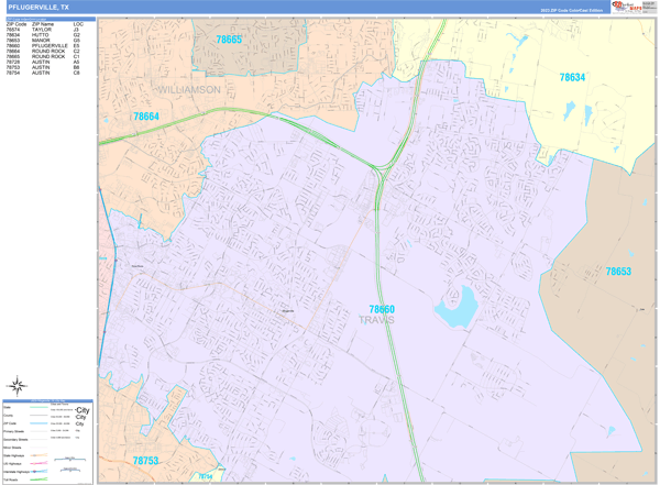 Pflugerville City Wall Map Color Cast Style