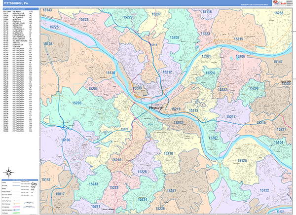 Pittsburgh City Wall Map Color Cast Style