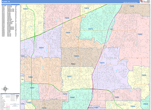 Plano City Wall Map Color Cast Style
