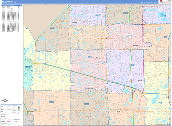 Plantation City Wall Map Color Cast Style
