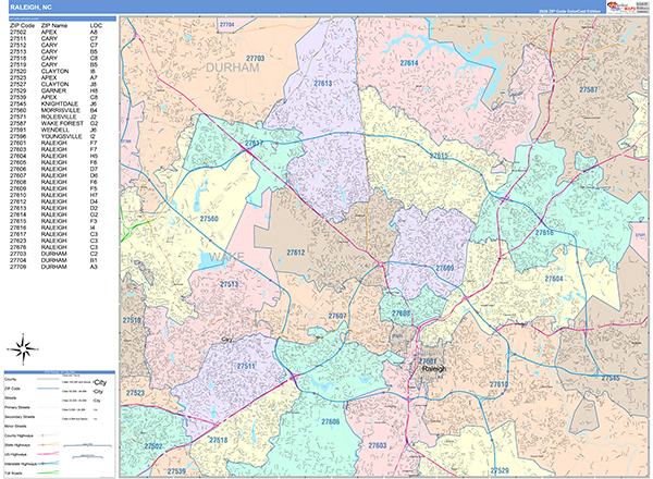 Raleigh City Wall Map Color Cast Style