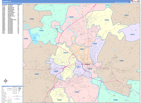 Reading City Wall Map Color Cast Style