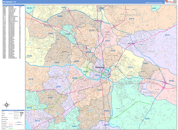 Richmond City Wall Map Color Cast Style