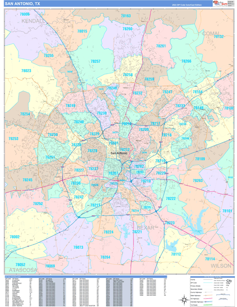 San Antonio, TX Zip Code Wall Map - Color Cast