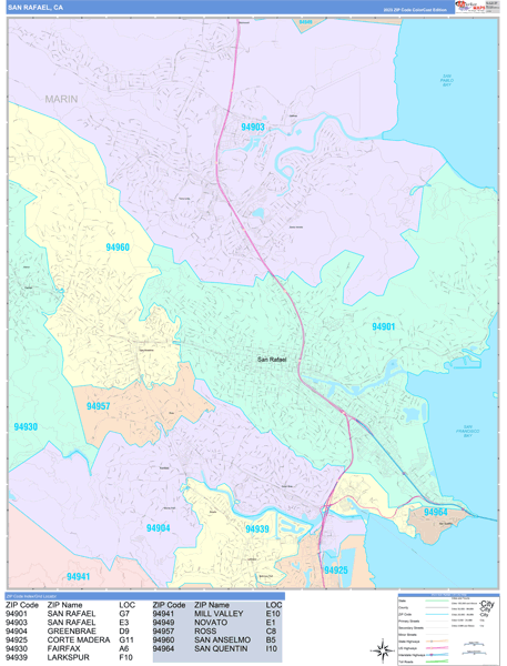 San Rafael, CA Zip Code Wall Map - Color Cast