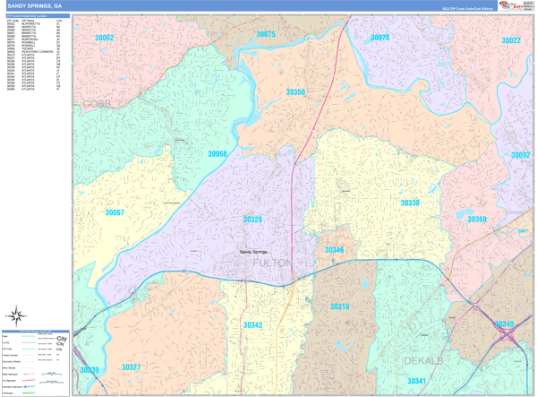 Sandy Springs, GA Zip Code Wall Map - Color Cast