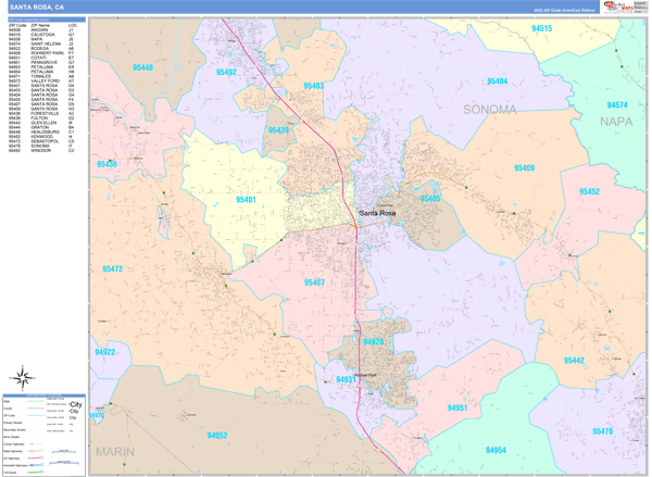 Santa Rosa, CA Zip Code Wall Map - Color Cast