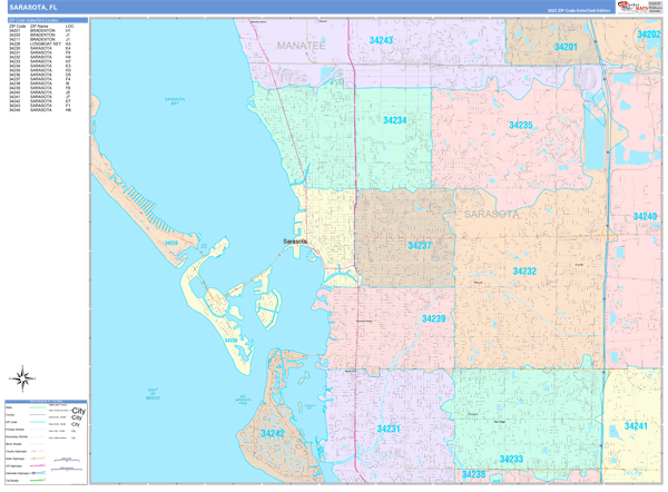 Sarasota City Wall Map Color Cast Style