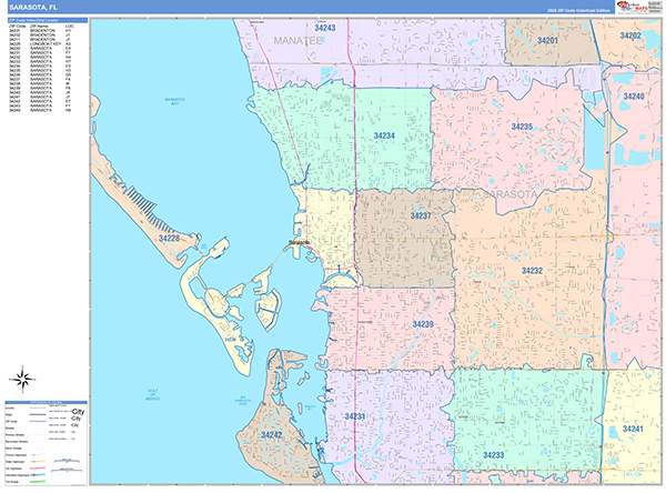 Sarasota City Wall Map Color Cast Style