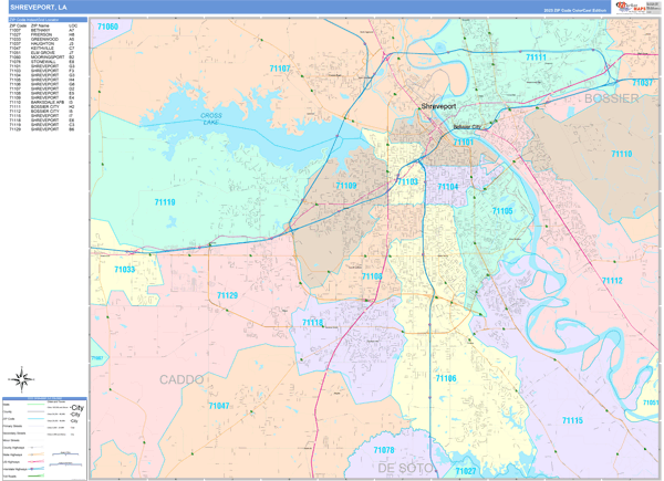 Shreveport City Wall Map Color Cast Style