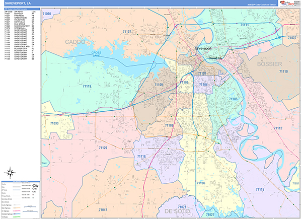 Shreveport City Wall Map Color Cast Style