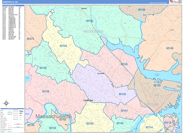 Somerville City Wall Map Color Cast Style