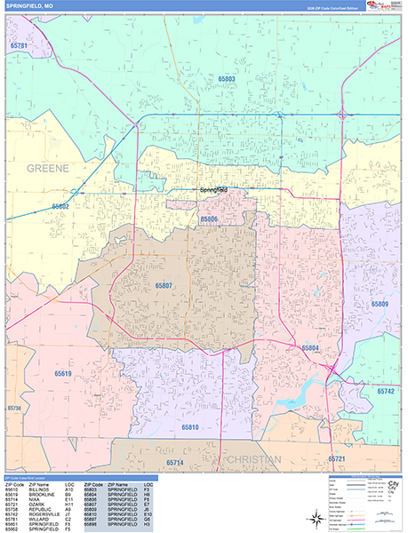 Springfield City Wall Map Color Cast Style