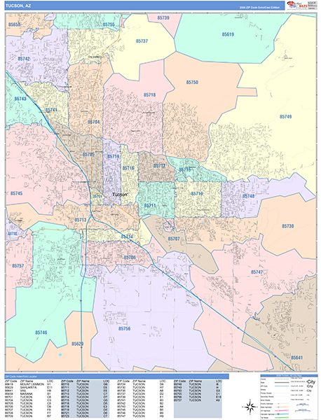 Tucson City Wall Map Color Cast Style