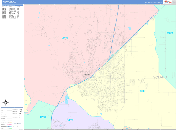 Vacaville City Wall Map Color Cast Style