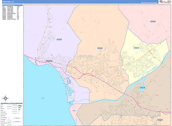Ventura City Wall Map Color Cast Style