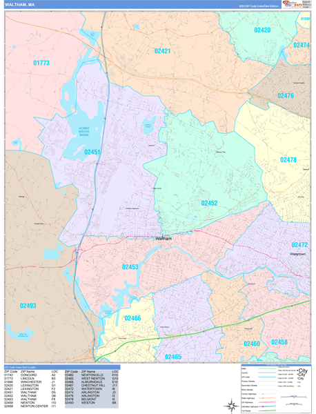 Waltham, MA Zip Code Map